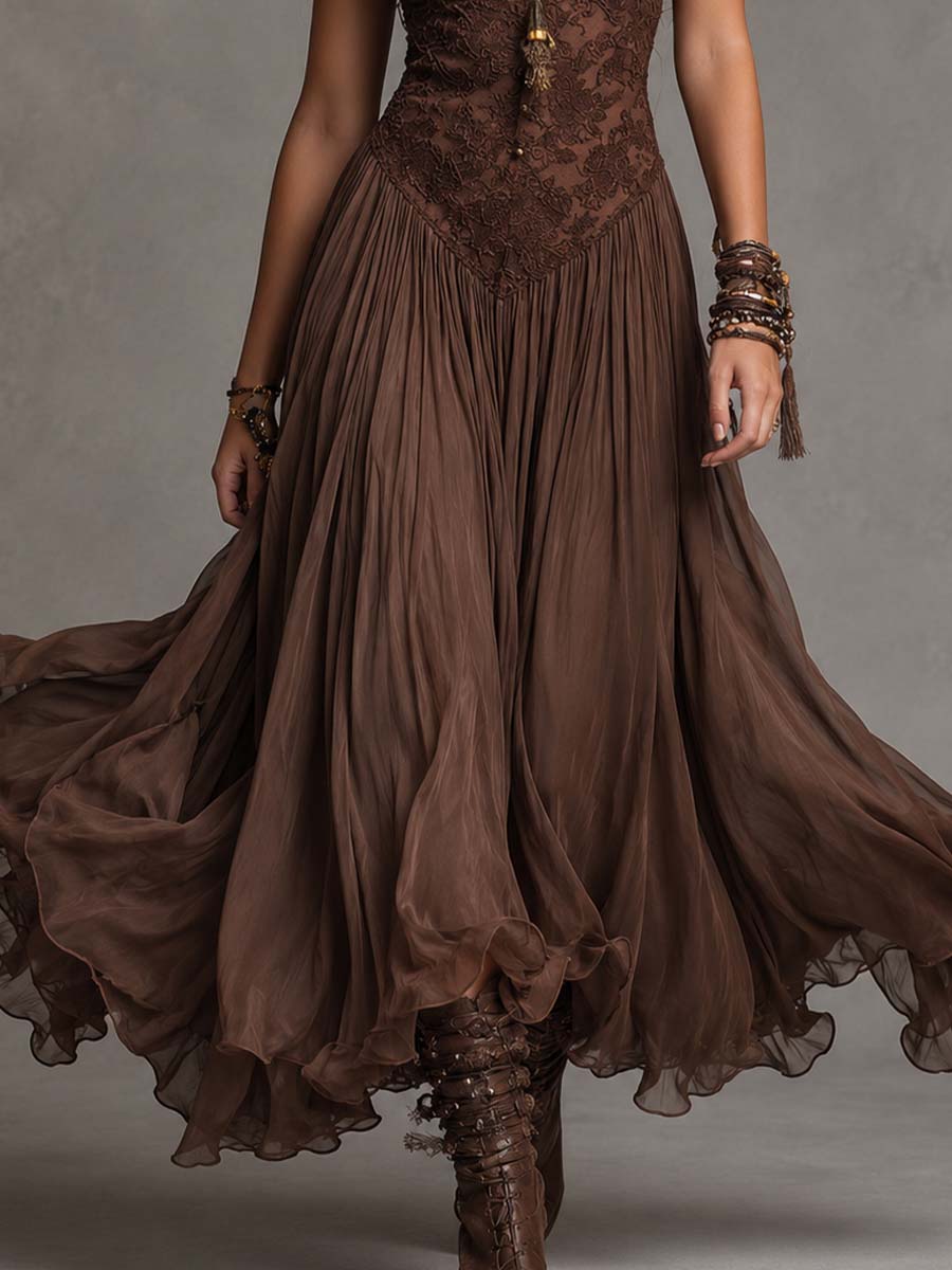 Vestido Federica marrón - detalle de volante