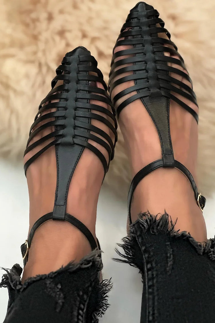 Francesca™ - Sandalias cut-out esenciales casual negras de punta con correa en T - Negro