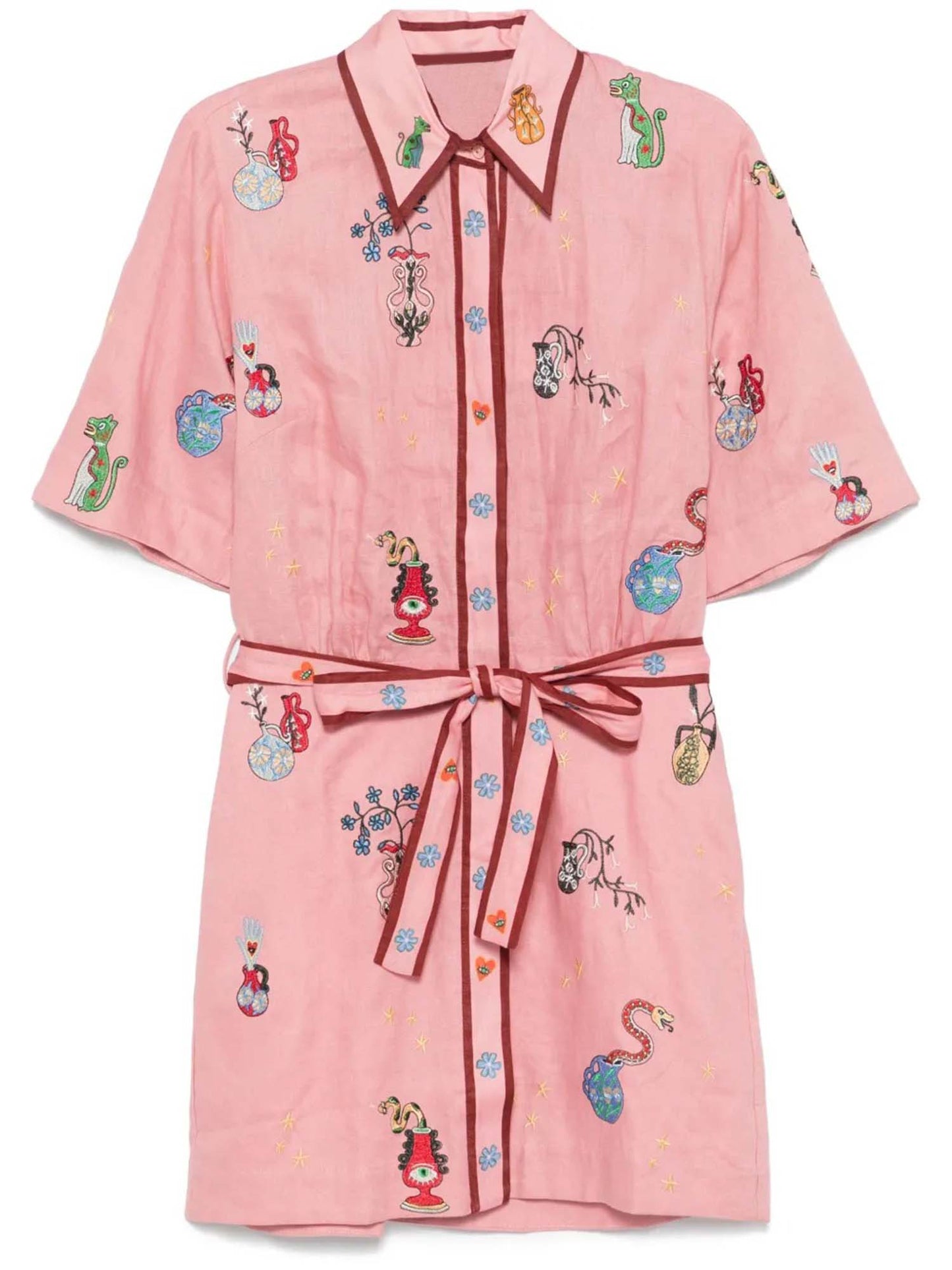 MINI VESTIDO CAMISERO BORDADO CON MOTIVOS BOTÁNICOS EN COLOR ROSA