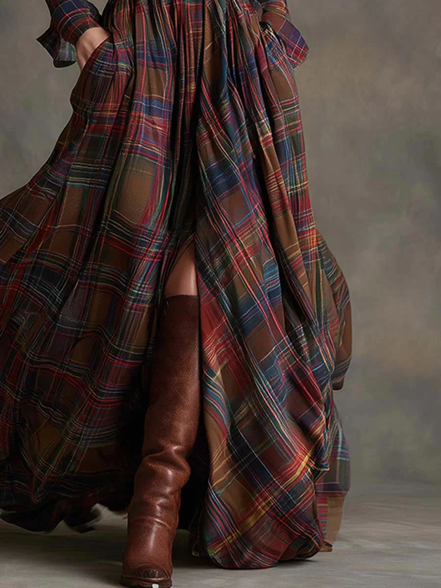 VESTIDO CAMISERO LARGO CUADROS CON CINTURÓN
