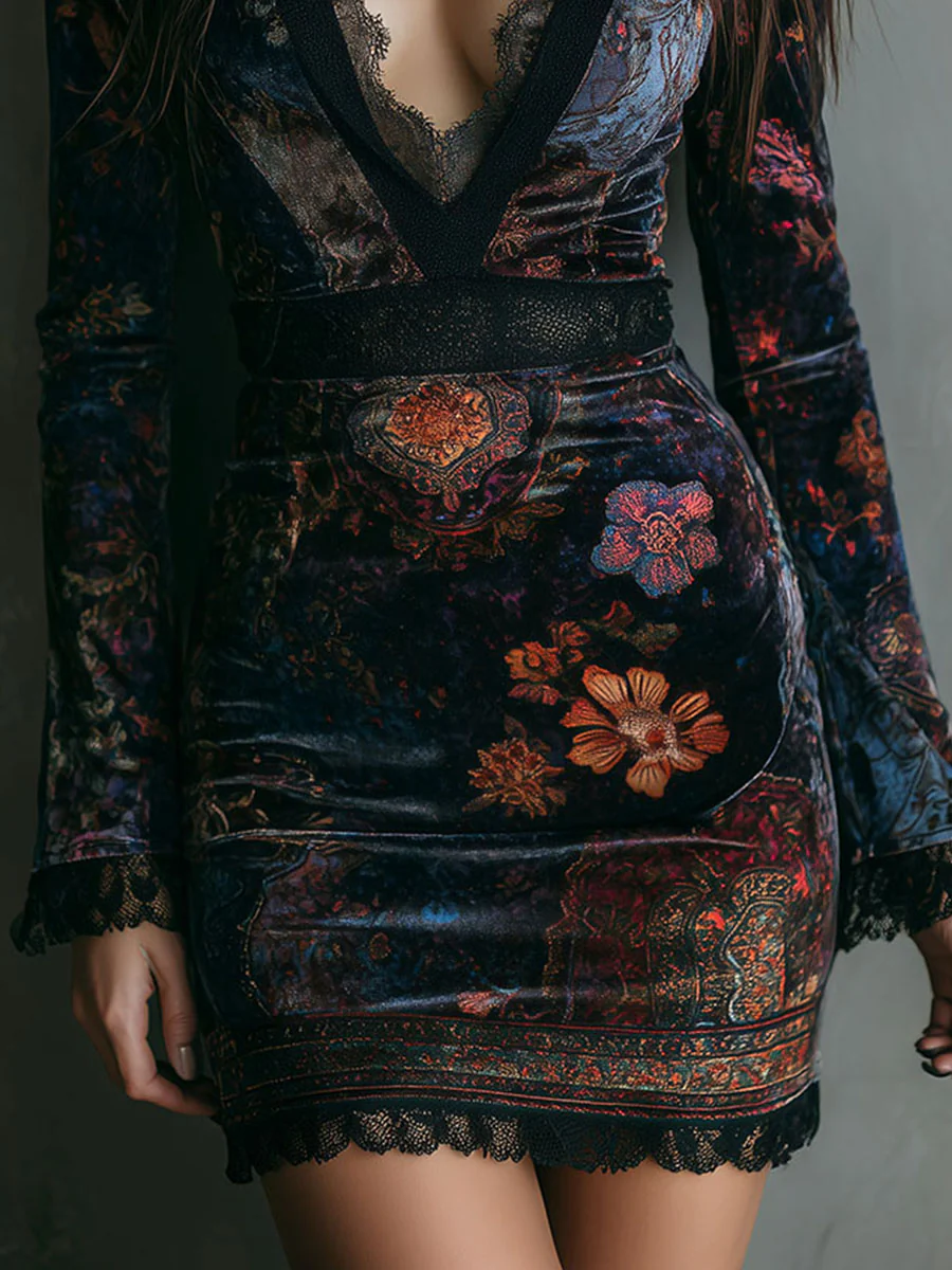 VESTIDO MINI TERCIOPELO ESTAMPADO CON ENCAJE
