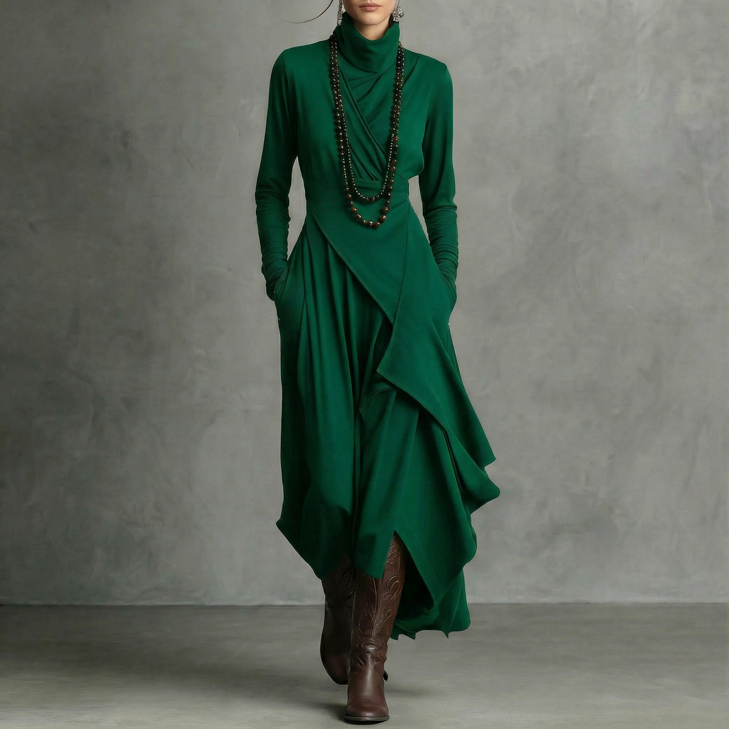 VESTIDO MIDI ASIMÉTRICO DE CUELLO ALTO