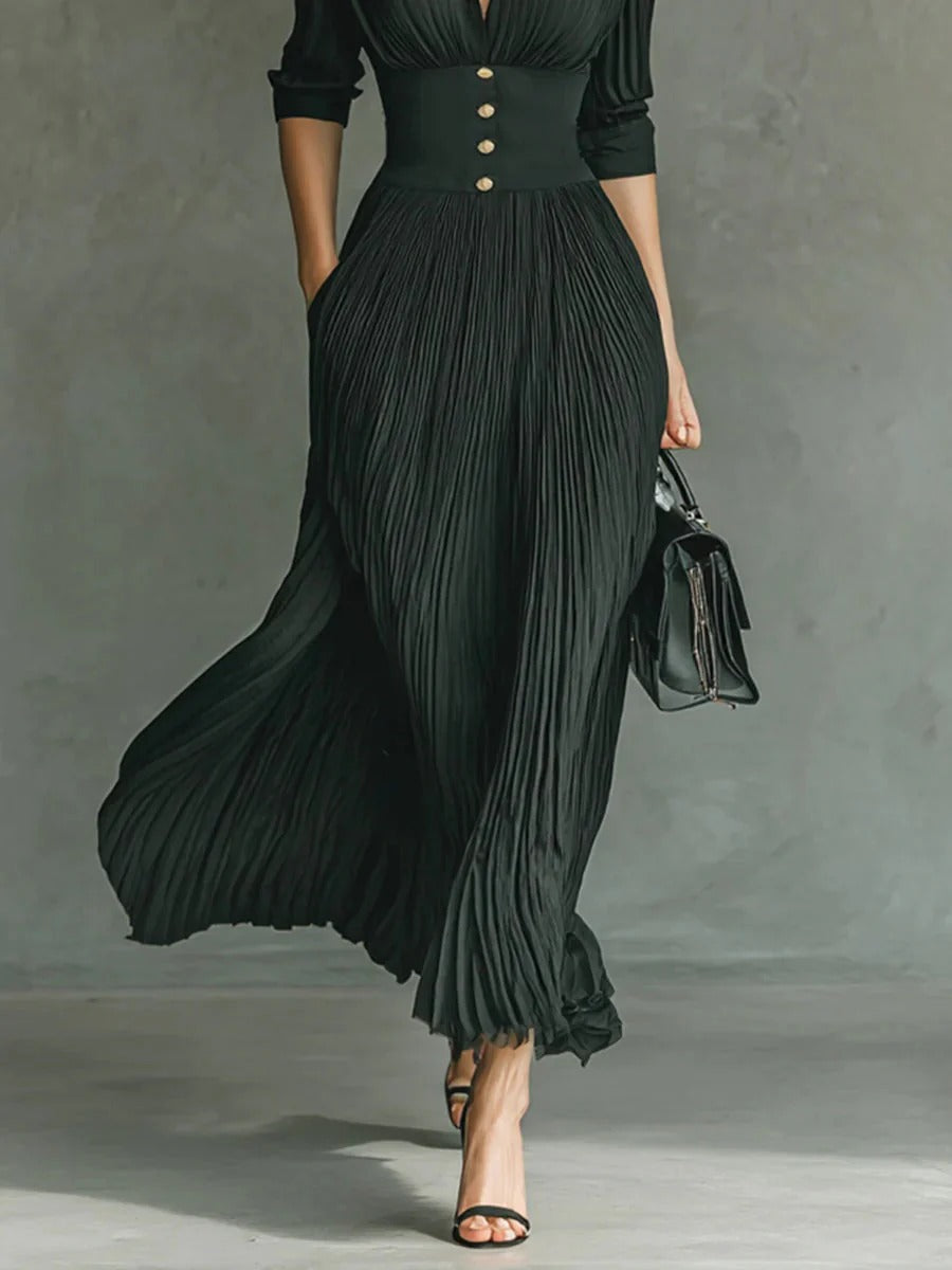 VESTIDO MIDI PLISADO CON CINTURA MARCADA