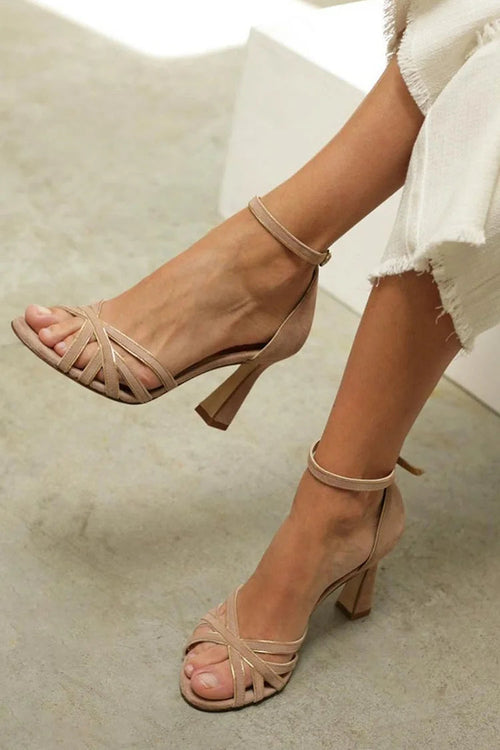 Lavinia™ - Tacones de aguja peep toe patchwork marrón con correa de tobillo y hebilla - Marrón claro