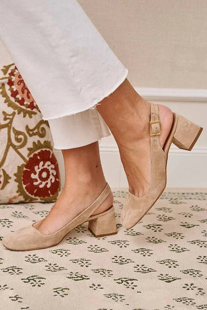 Flavia™ - Tacones slingback básicos de tacón grueso color caqui con puntera cuadrada y hebilla - Caqui