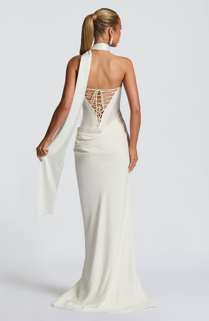 VESTIDO LARGO DRAPEADO ESPALDA CORSET