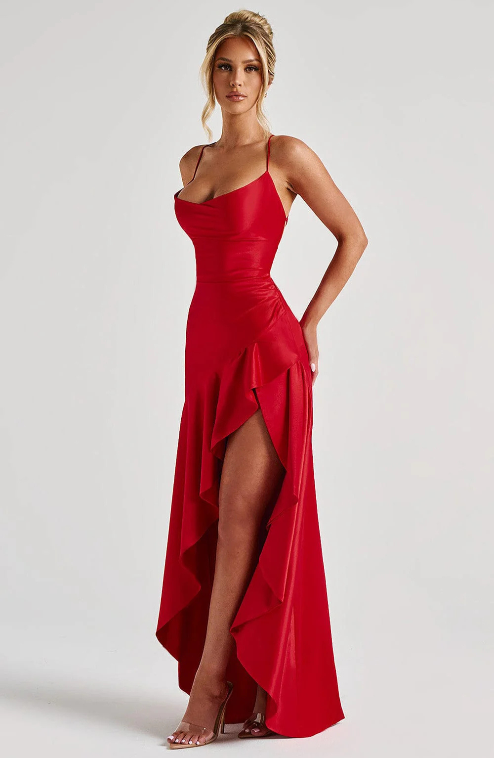 VESTIDO LARGO ESPALDA CRUZADA VOLANTES