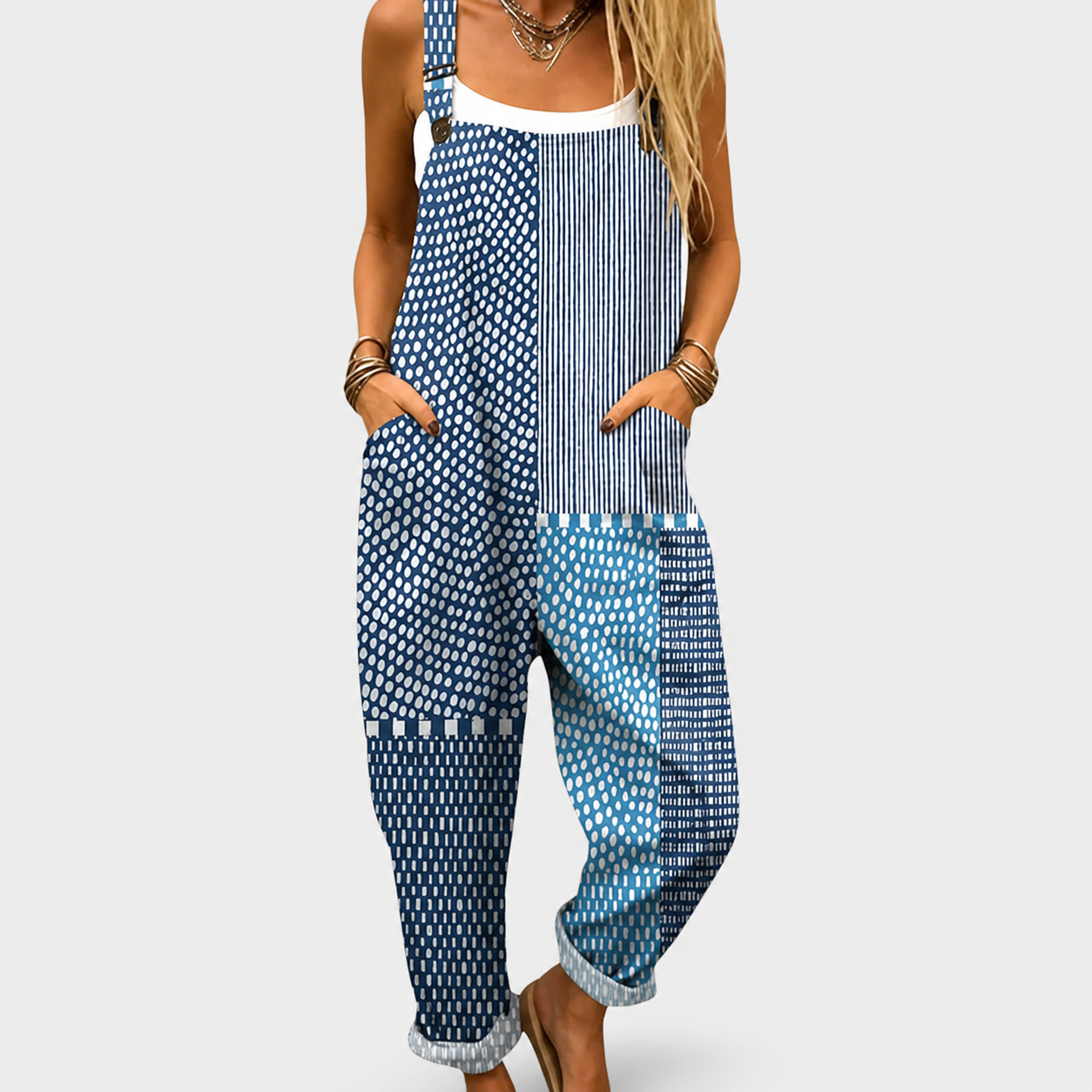 Peto de lino azul boho de lunares y rayas