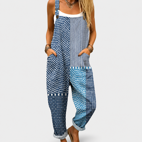 Peto de lino azul boho de lunares y rayas