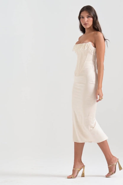 VESTIDO MIDI CORSET SIN TIRANTES