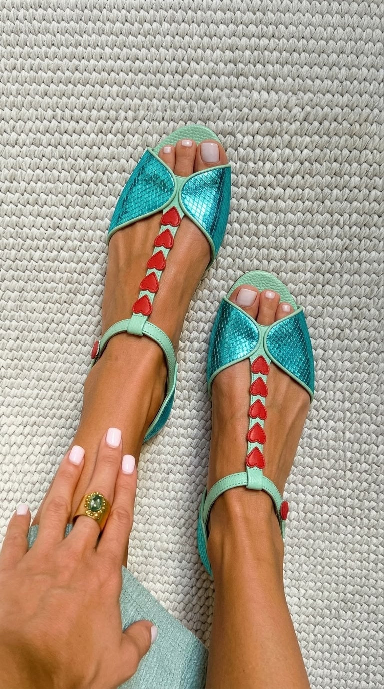 Zaira™ - Sandalias peep toe de tacón bajo en azul petróleo y rojo con correa en T y corazón - Petróleo