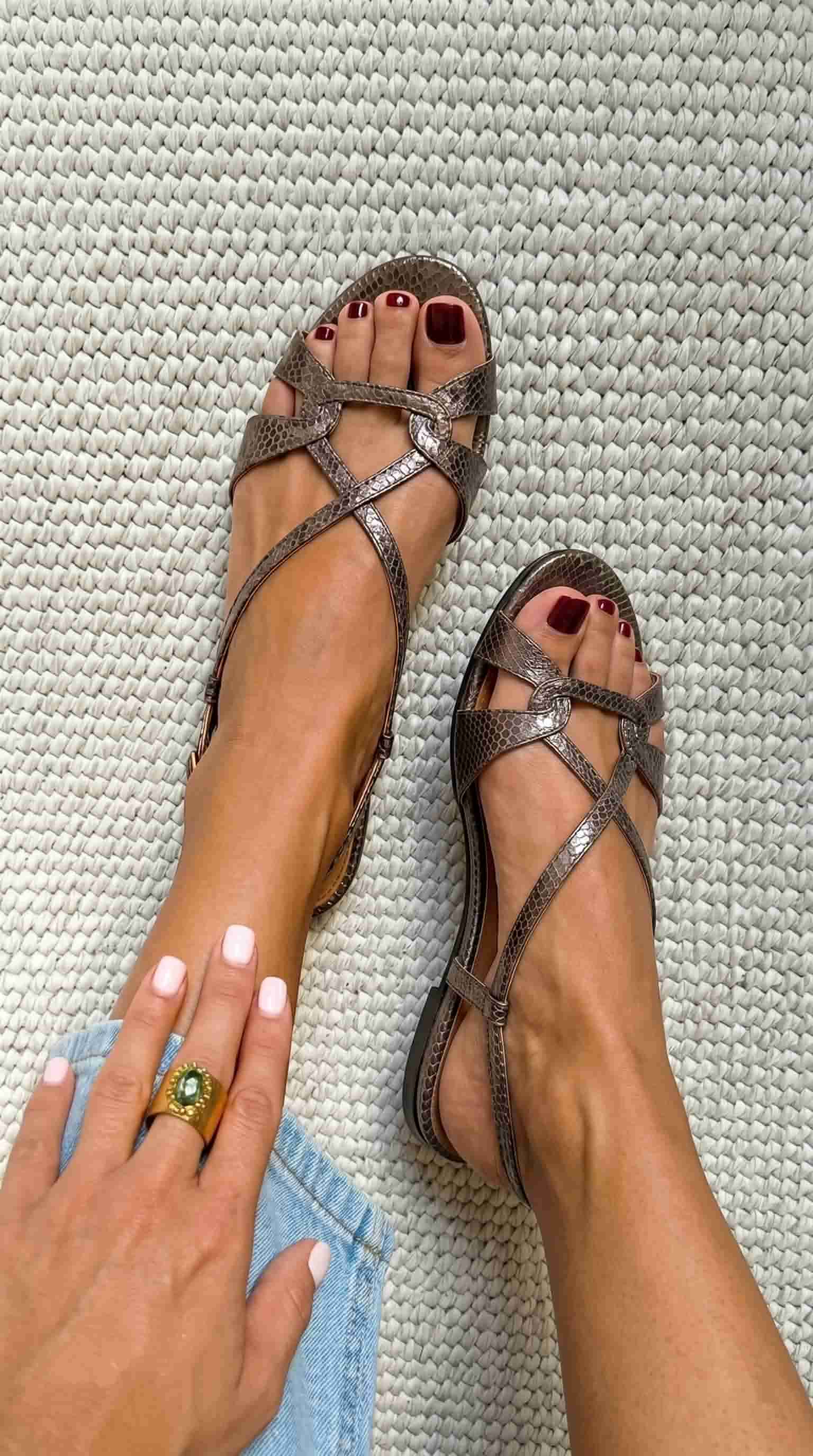 Aurelia™ - Sandalias slingback con efecto serpiente de tacón bajo bronce con punta abierta - Bronce