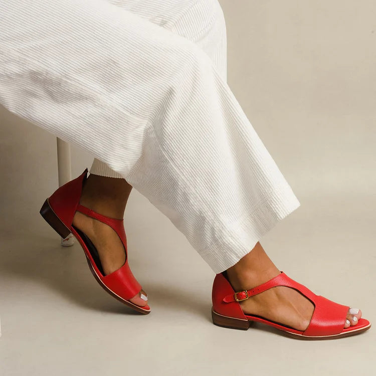 Julieta™ - Sandalias con recortes, puntera descubierta, casuales, con correa en T - Rojo