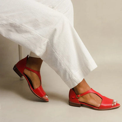 Julieta™ - Sandalias con recortes, puntera descubierta, casuales, con correa en T - Rojo