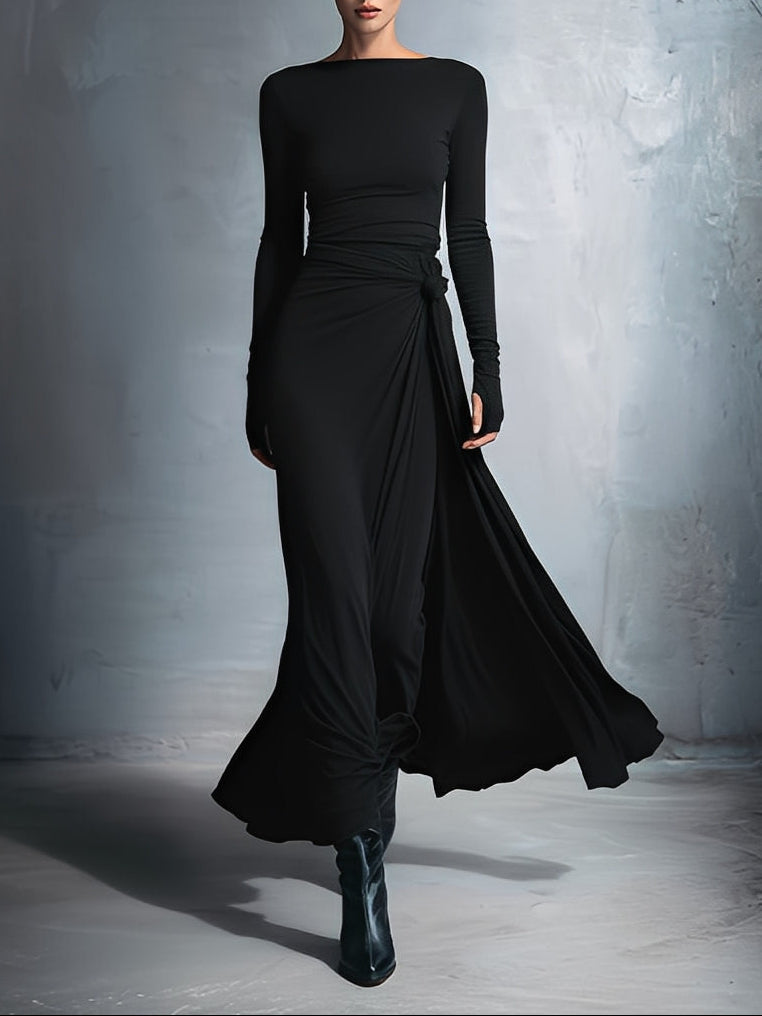 VESTIDO LARGO DRAPEADO CON NUDO LATERAL