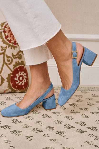 Flavia™ - Tacones slingback básicos de tacón grueso color caqui con puntera cuadrada y hebilla - Caqui
