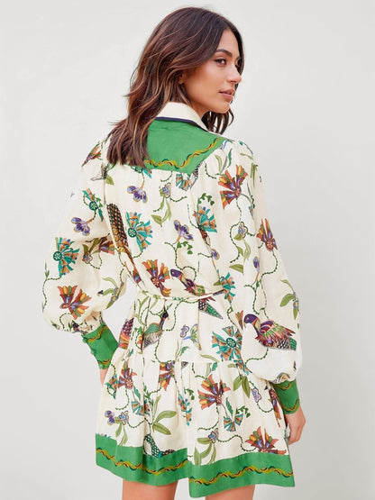VESTIDO MINI CAMISERO ESTAMPADO CON CINTURA AJUSTABLE