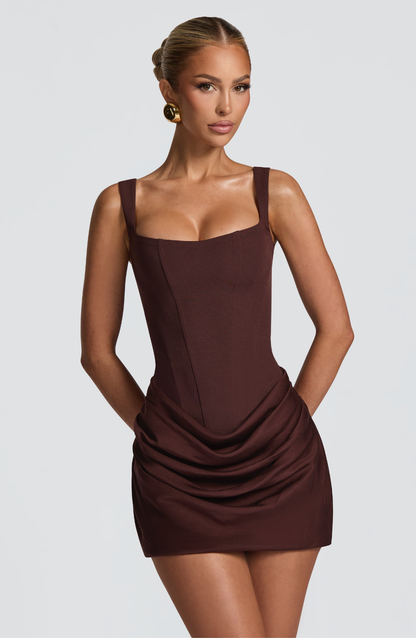 VESTIDO MINI CORSET CON FALDA DRAPEADA