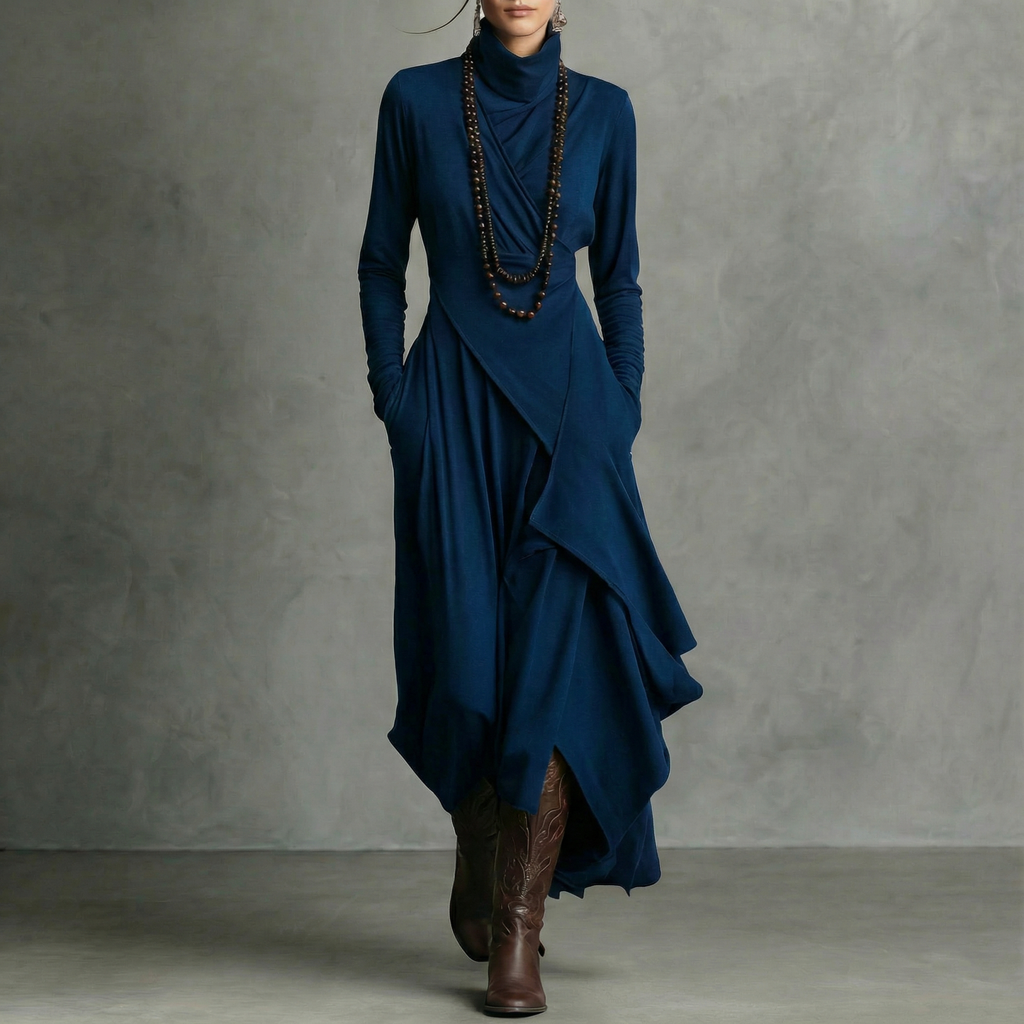 VESTIDO MIDI ASIMÉTRICO DE CUELLO ALTO