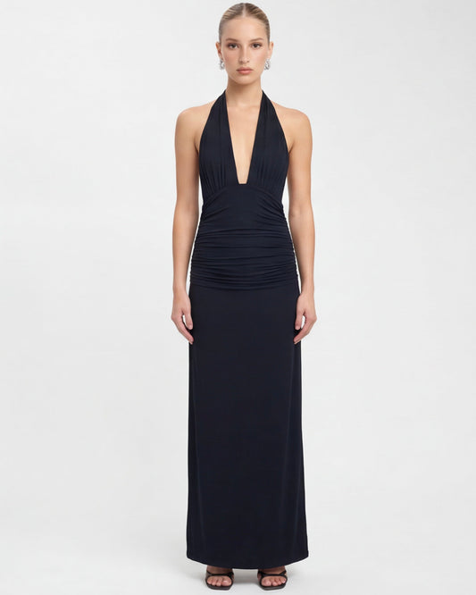 VESTIDO LARGO HALTER CON ESPALDA DESCUBIERTA