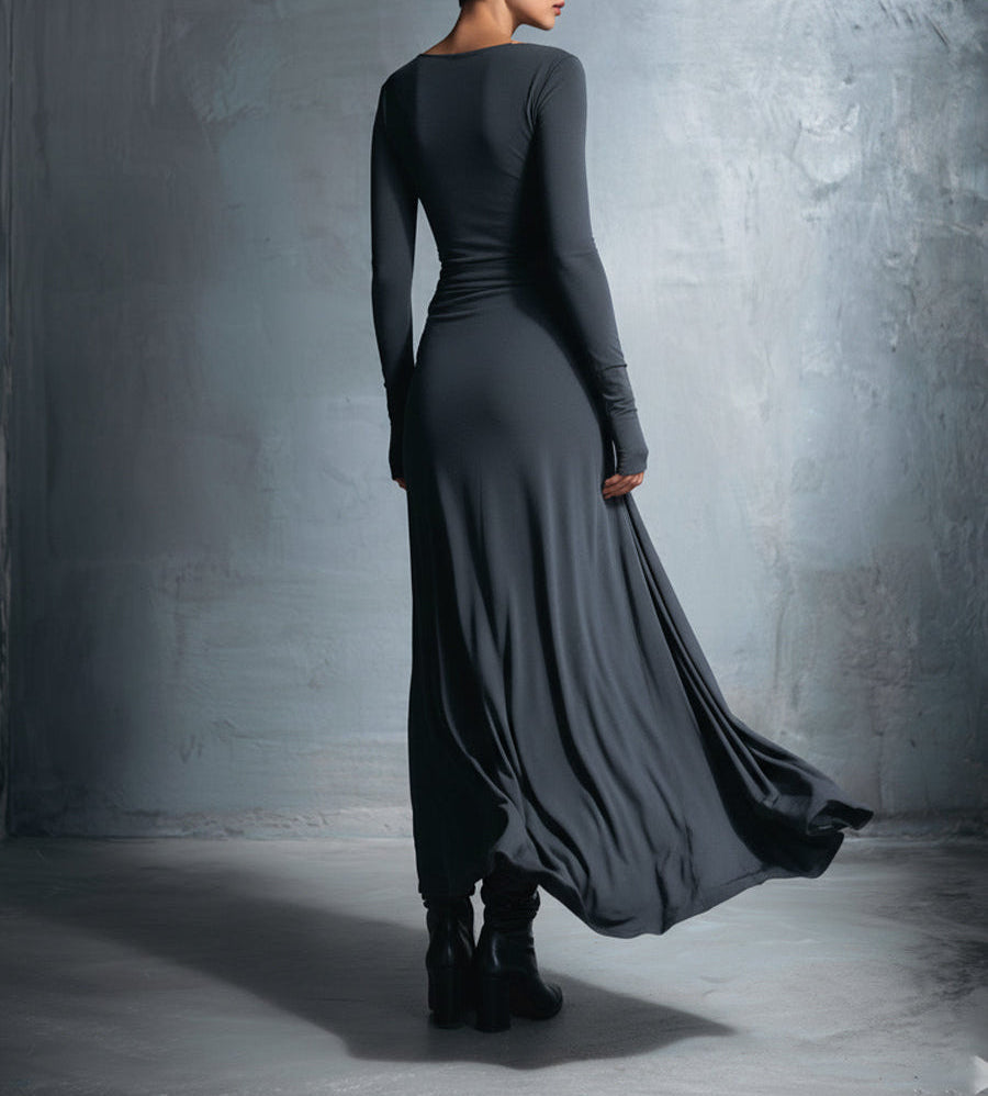 VESTIDO LARGO DRAPEADO CON NUDO LATERAL
