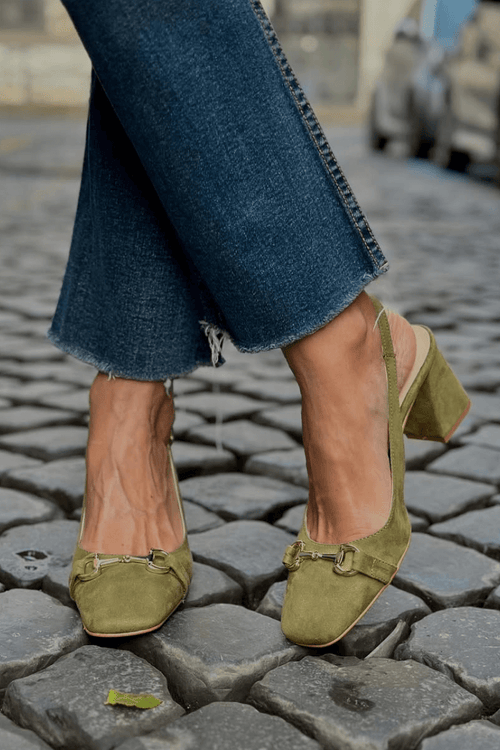 Elvira™ - Tacones de bloque slingback en ante color oliva - Verde