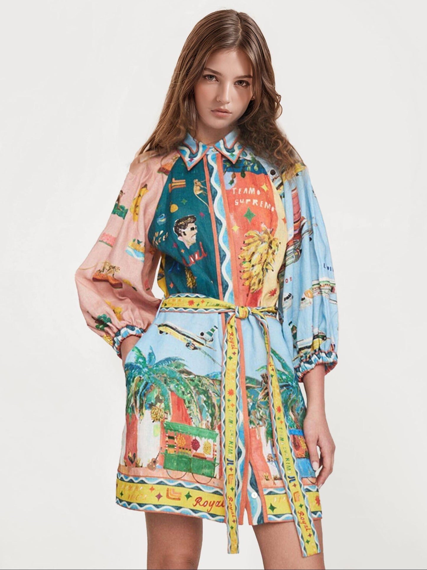 VESTIDO CAMISERO MINI ESTAMPADO ARTÍSTICO