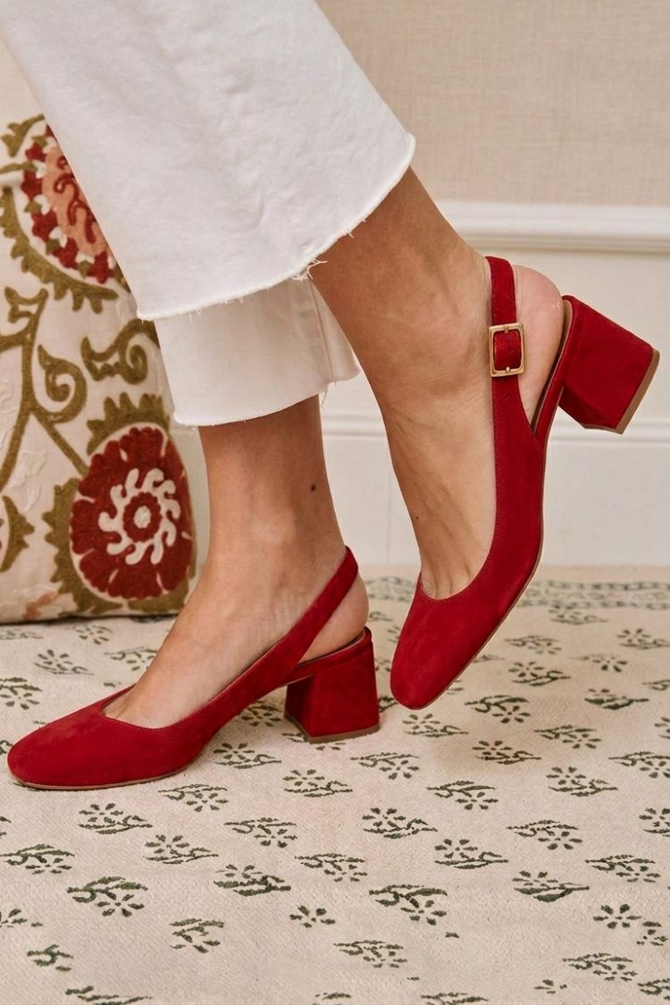 Flavia™ - Tacones slingback básicos de tacón grueso color caqui con puntera cuadrada y hebilla - Caqui