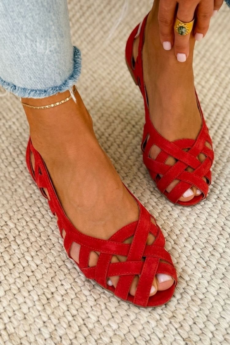Ofelia™ - Sandalias de puntera abierta entrelazadas, casuales y planas con tiras cruzadas - Rojo