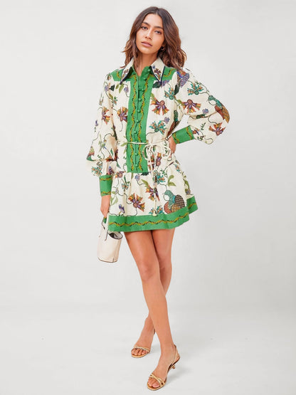 VESTIDO MINI CAMISERO ESTAMPADO CON CINTURA AJUSTABLE