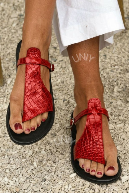 Dafne™ - Sandalias de dedo con efecto cocodrilo, con correa y hebilla en el empeine - Negro