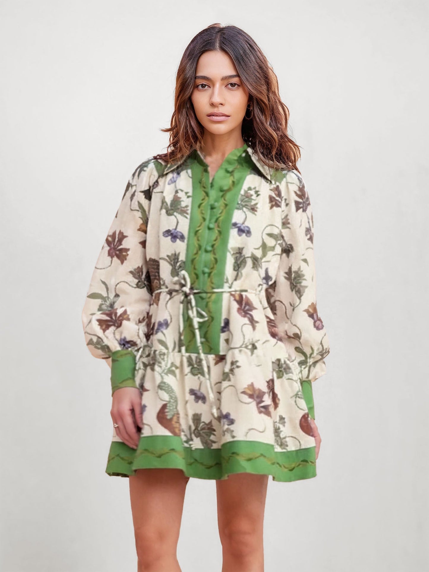 VESTIDO MINI CAMISERO ESTAMPADO CON CINTURA AJUSTABLE