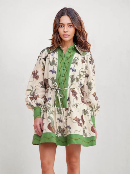 VESTIDO MINI CAMISERO ESTAMPADO CON CINTURA AJUSTABLE