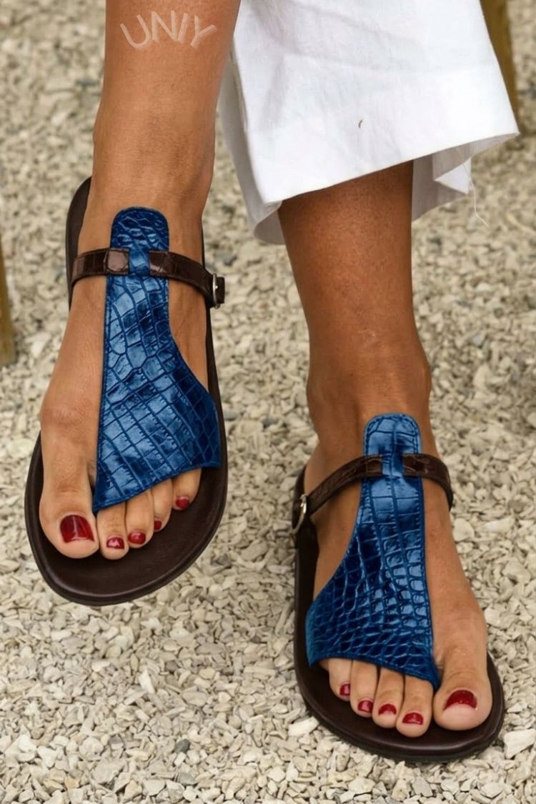 Dafne™ - Sandalias de dedo con efecto cocodrilo, con correa y hebilla en el empeine - Negro