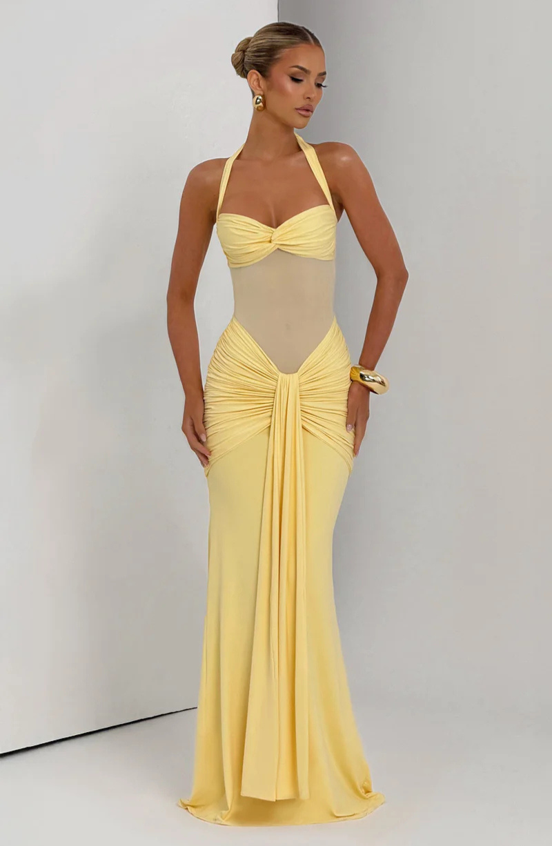 VESTIDO LARGO HALTER FRUNCIDO
