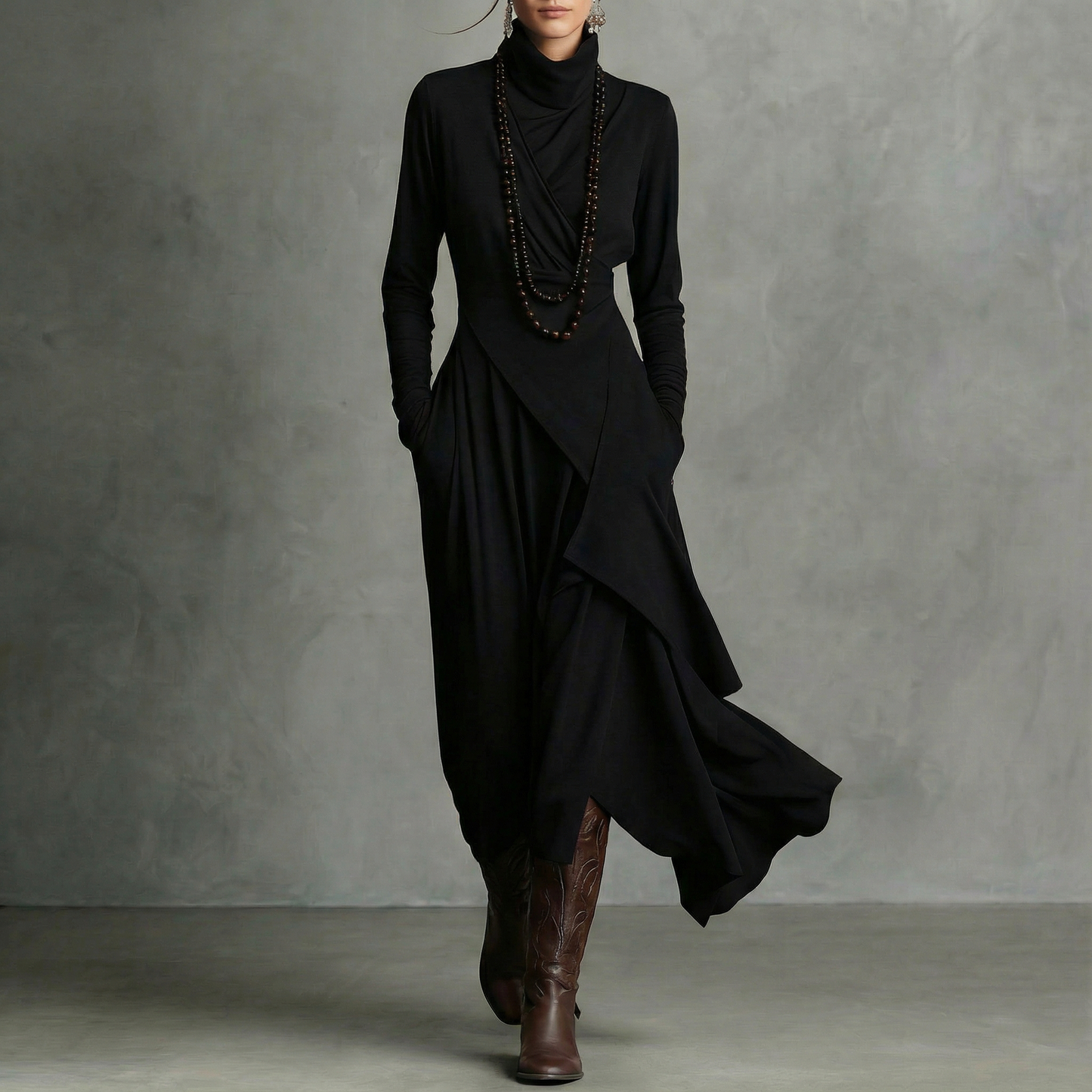VESTIDO MIDI ASIMÉTRICO DE CUELLO ALTO