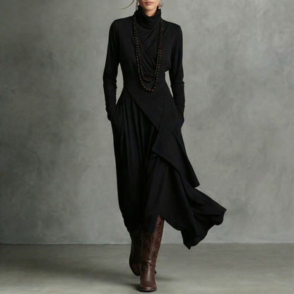 VESTIDO MIDI ASIMÉTRICO DE CUELLO ALTO