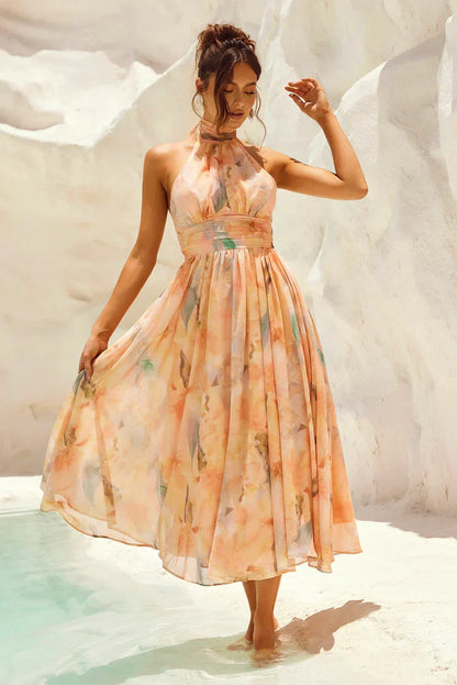 VESTIDO MIDI HALTER TONOS PASTEL ACUARELA