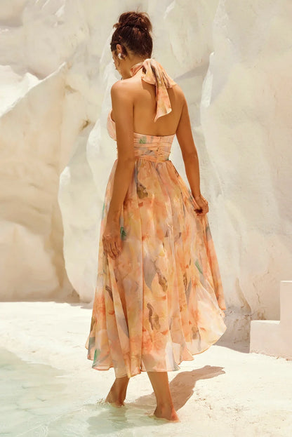 VESTIDO MIDI HALTER TONOS PASTEL ACUARELA