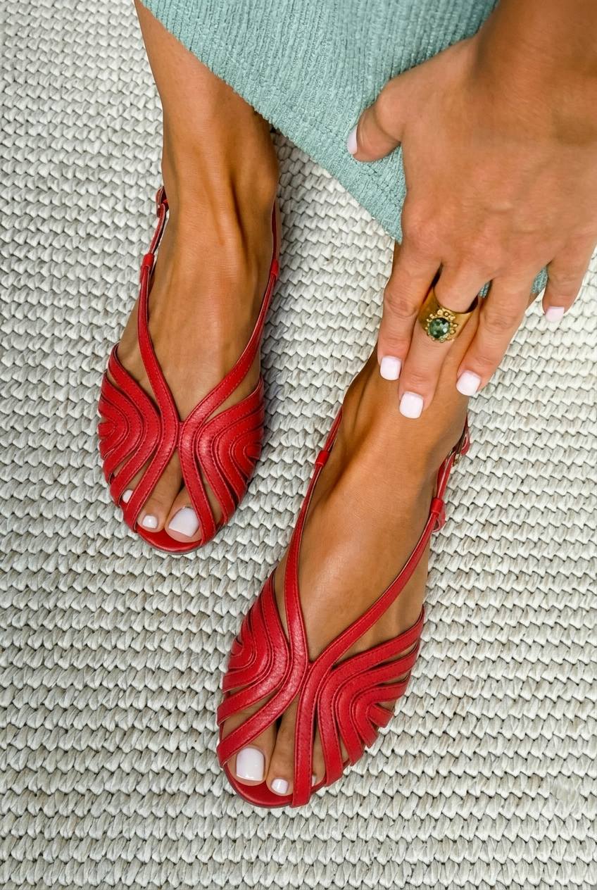 Renata™ - Sandalias peep-toe de verano planas rojas, de cuero, con tiras y diseño tipo jaula - Rojo