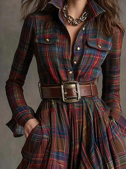 VESTIDO CAMISERO LARGO CUADROS CON CINTURÓN