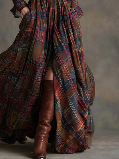 VESTIDO CAMISERO LARGO CUADROS CON CINTURÓN
