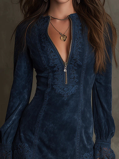 VESTIDO MINI EFECTO ANTE CON DETALLES BORDADOS