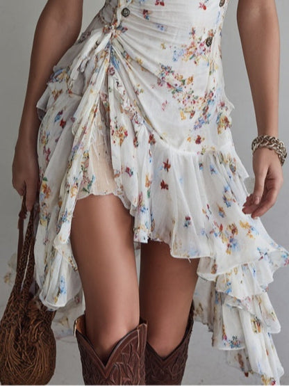 Vestido mini Rosalía con estampado floral y volante asimétrico