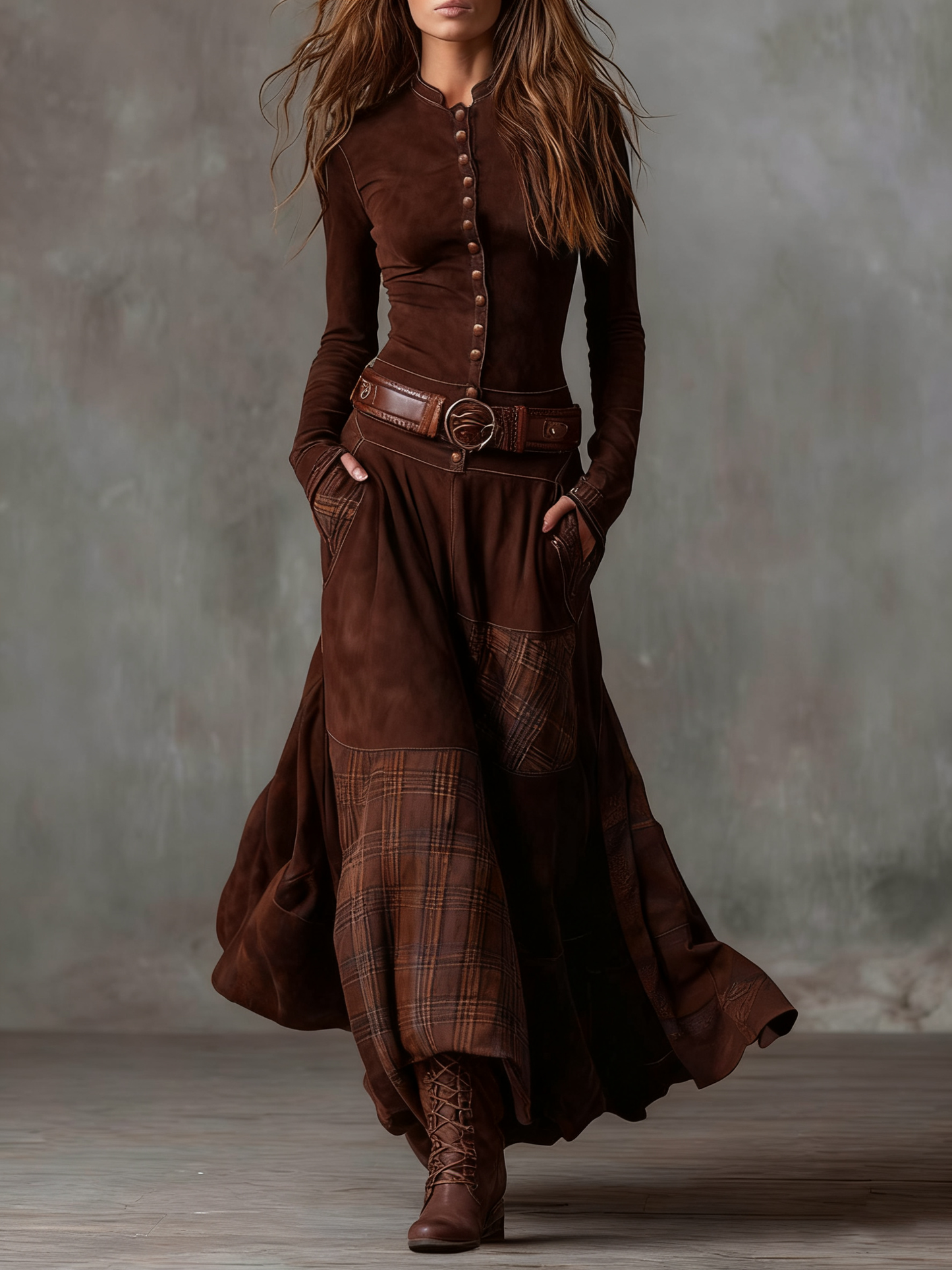 VESTIDO LARGO DRAPEADO DE MANGA LARGA
