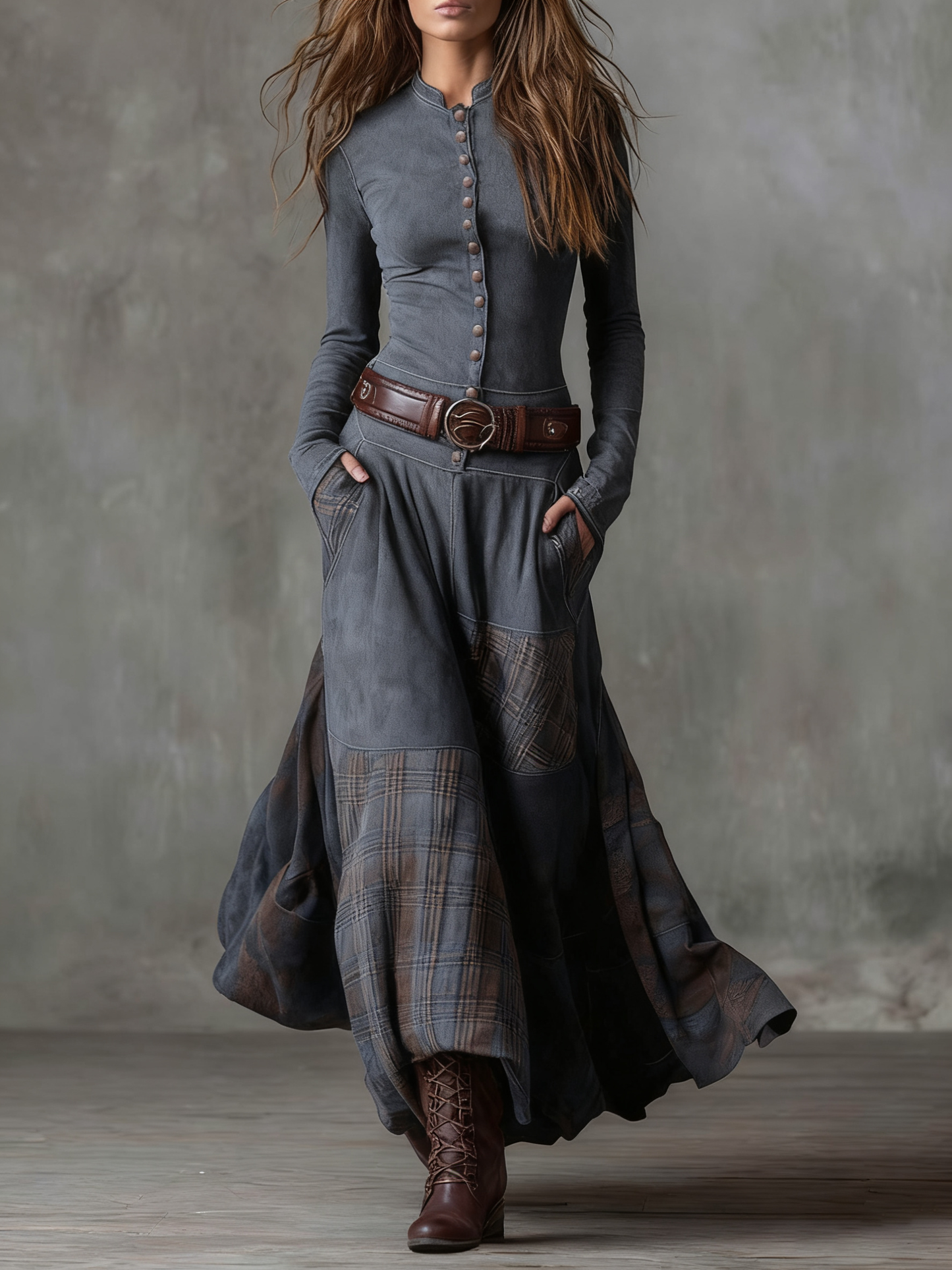 VESTIDO LARGO DRAPEADO DE MANGA LARGA