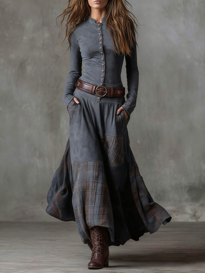 VESTIDO LARGO DRAPEADO DE MANGA LARGA
