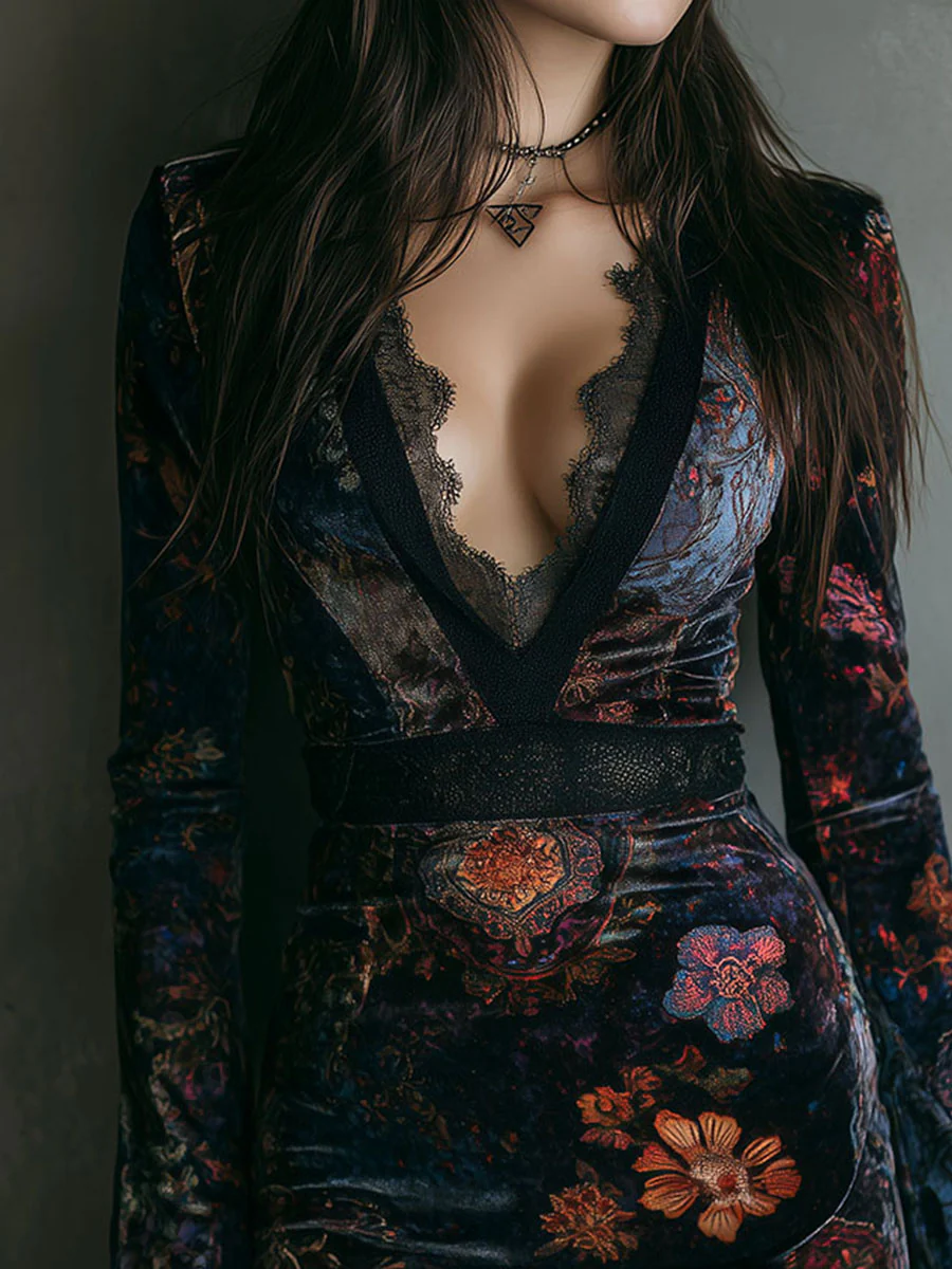 VESTIDO MINI TERCIOPELO ESTAMPADO CON ENCAJE
