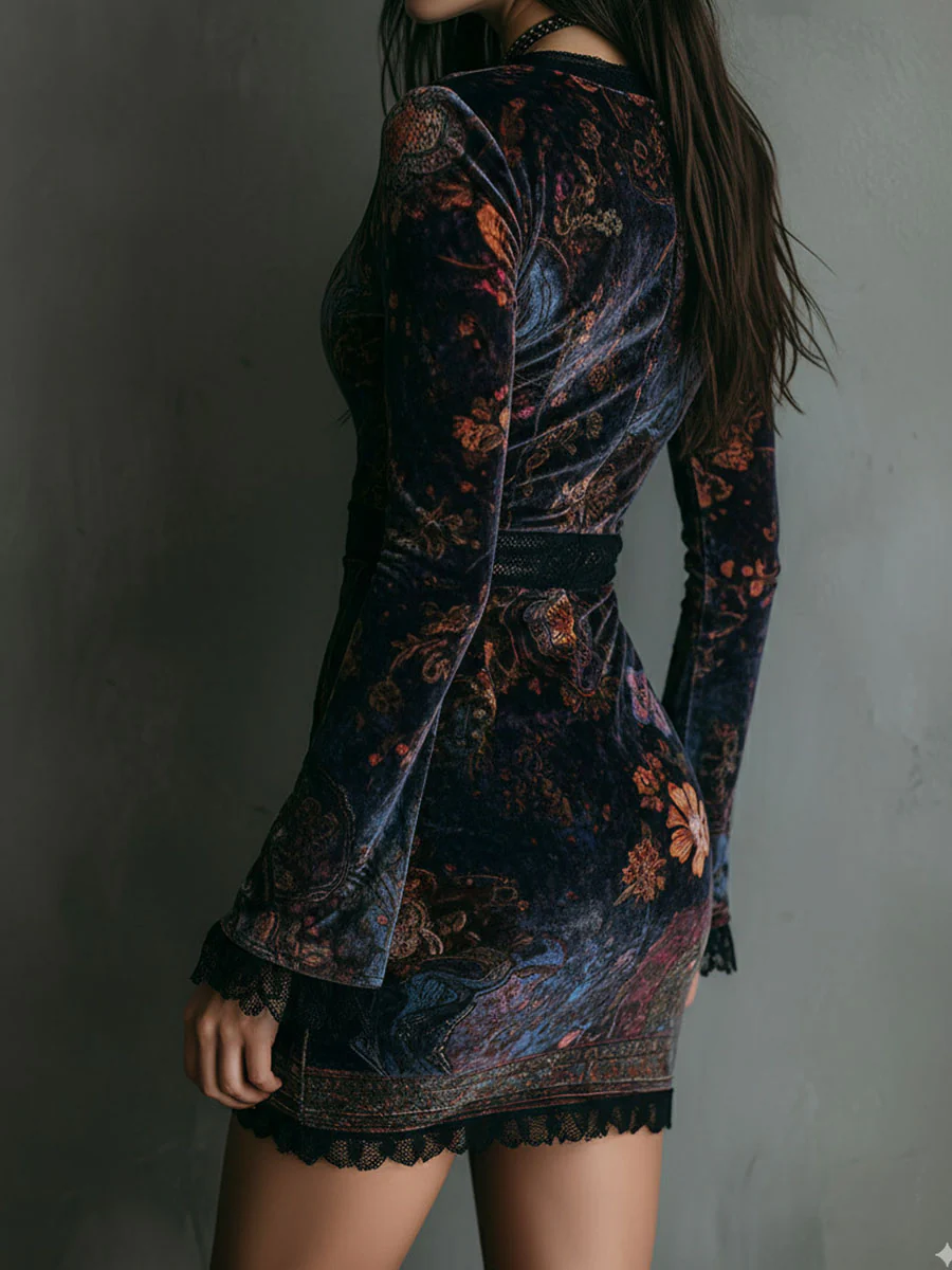 VESTIDO MINI TERCIOPELO ESTAMPADO CON ENCAJE