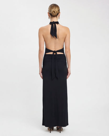 VESTIDO LARGO HALTER CON ESPALDA DESCUBIERTA